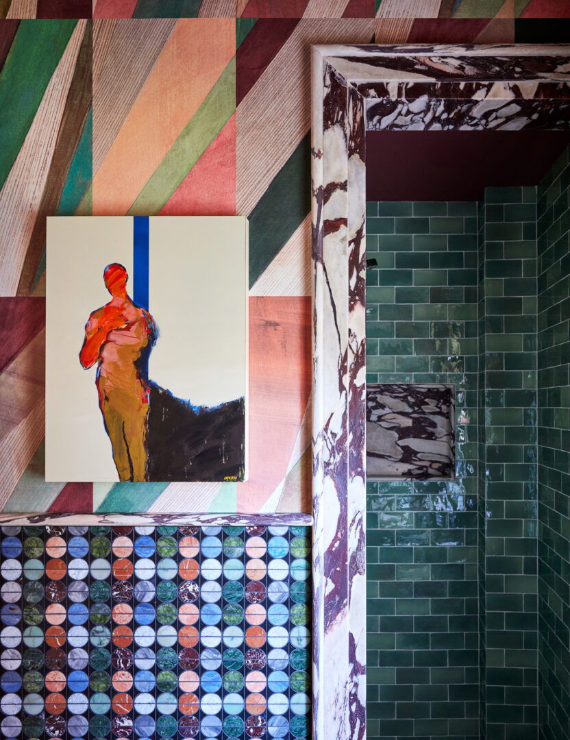 Designer: Lark + Palm | Photographer: John Merkl | Materials: Micro Moons Black Stone Mosaic, Calacatta Viola Marble, Café Morocccan Mint Tile Slab