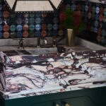 Designer: Lark + Palm | Photographer: John Merkl | Materials: Micro Moons Black Stone Mosaic, Calacatta Viola Marble, Café Morocccan Mint Tile Slab