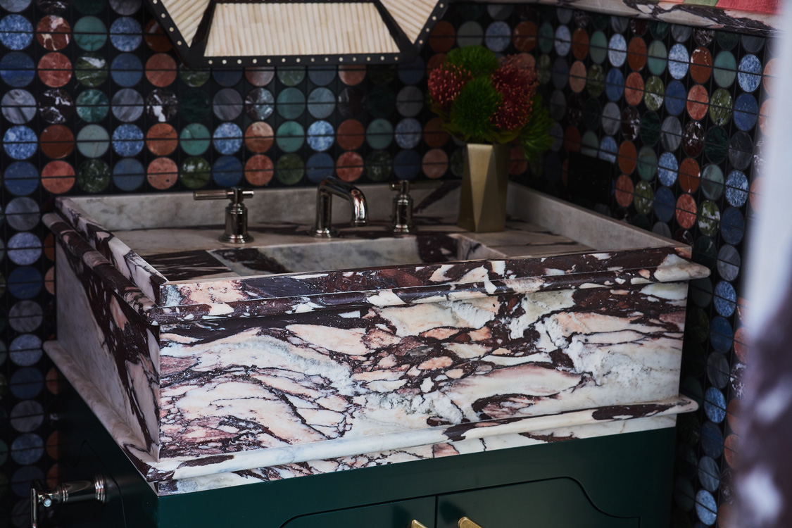 Designer: Lark + Palm | Photographer: John Merkl | Materials: Micro Moons Black Stone Mosaic, Calacatta Viola Marble, Café Morocccan Mint Tile Slab