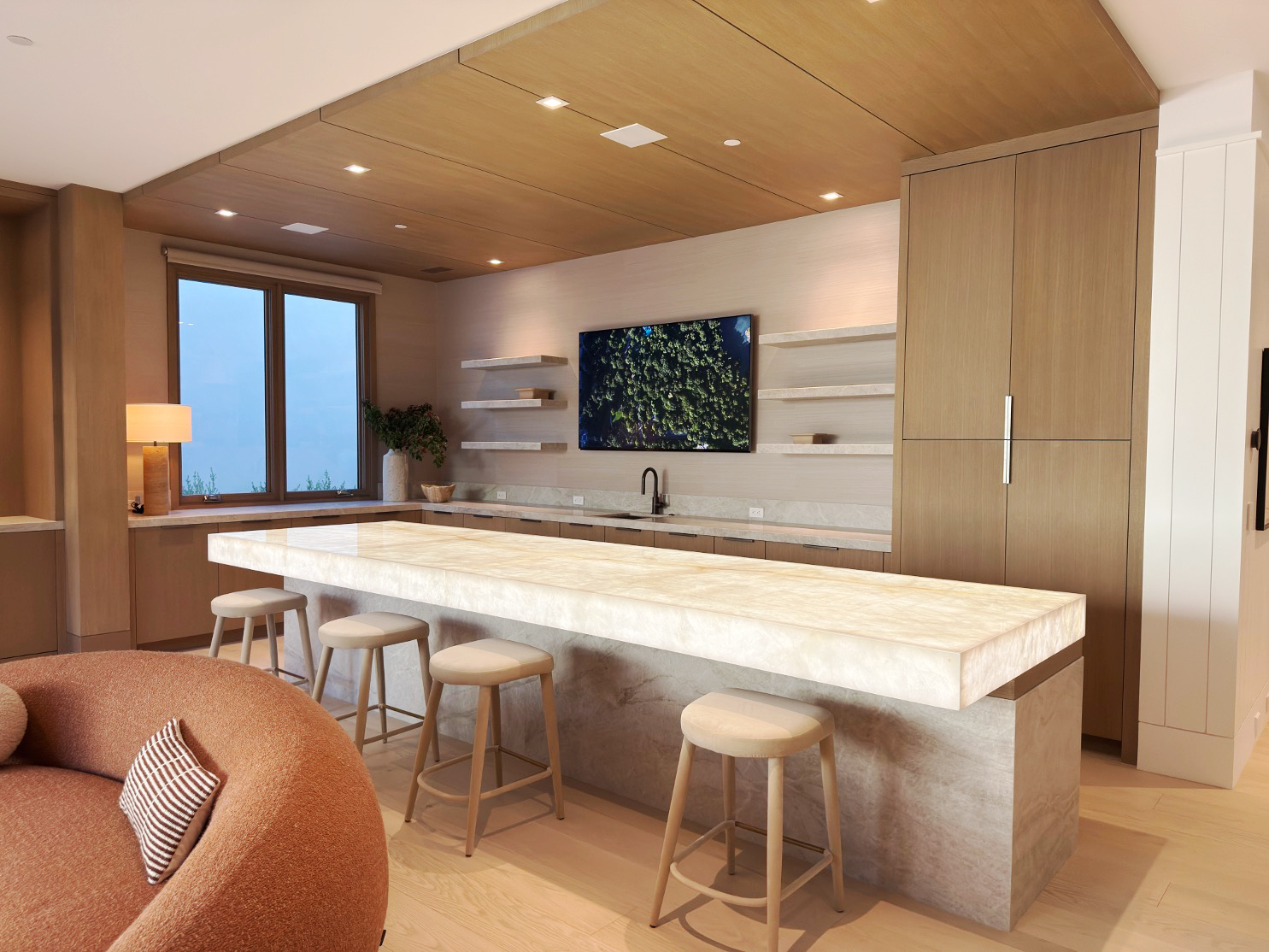 Architect, Designer & Builder: PPG | Materials: Quartzite Bianco (bar top), Taj Mahal (counter, bar base, fireplace)