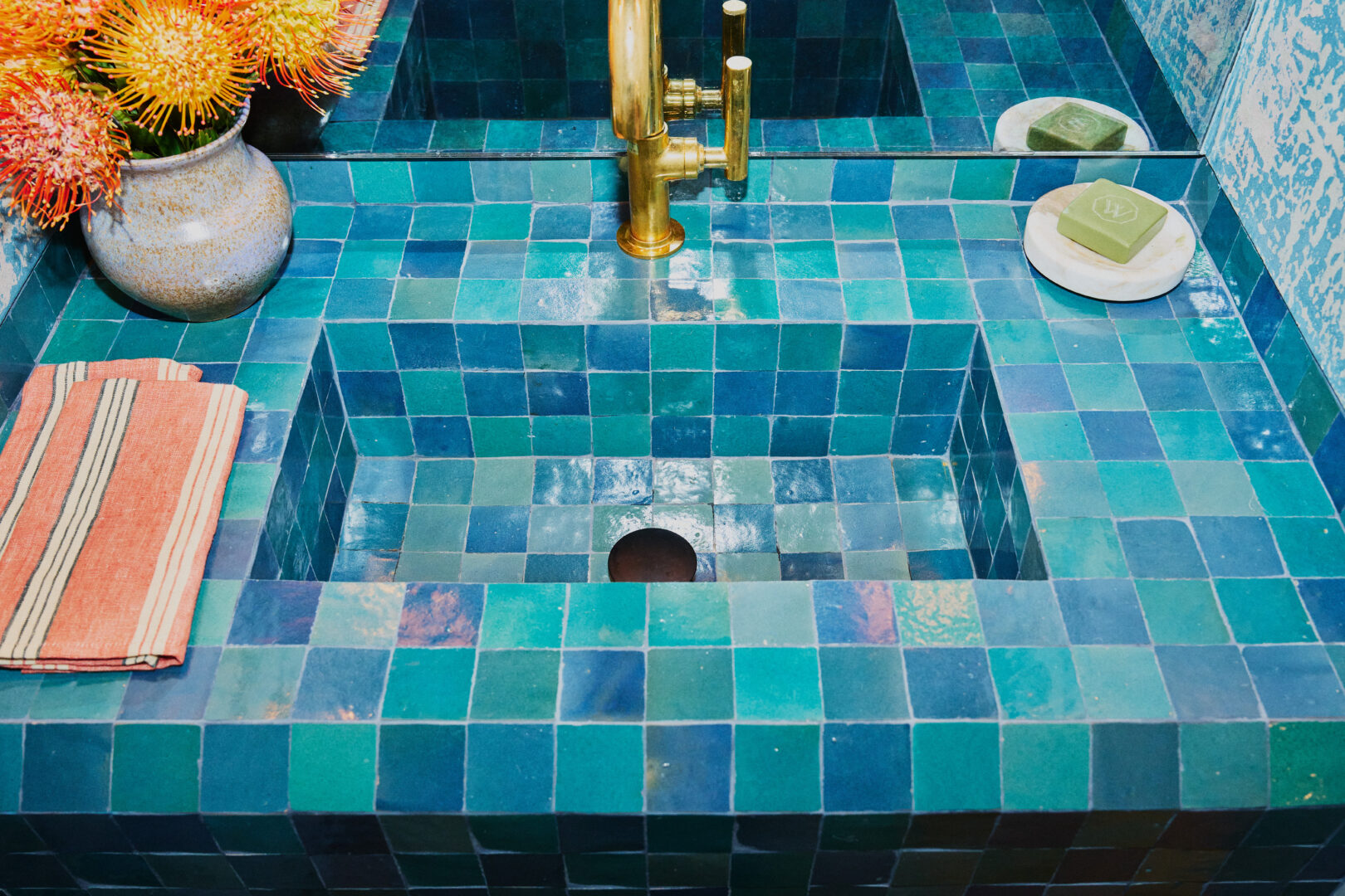 Designer: John Anderson | Photographer: Arthur Alvarez | Materials: Moroccan Zellige 2x2 Tahoe Blue Slab