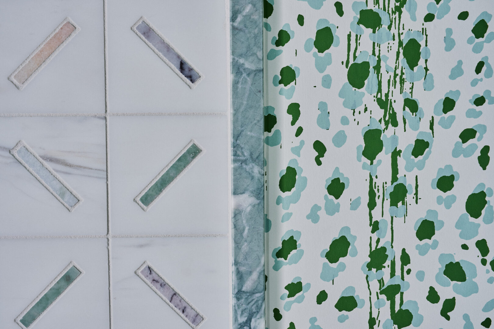 Designer: Ansley Majit | Photographer: Arthur Alvarez | Materials: Verde Antigua Honed Marble, Michelle Gerson Stix Multi Honed Stone Mosaic Slab