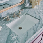Designer: Ansley Majit | Photographer: Arthur Alvarez | Materials: Verde Antigua Honed Marble, Michelle Gerson Stix Multi Honed Stone Mosaic Slab