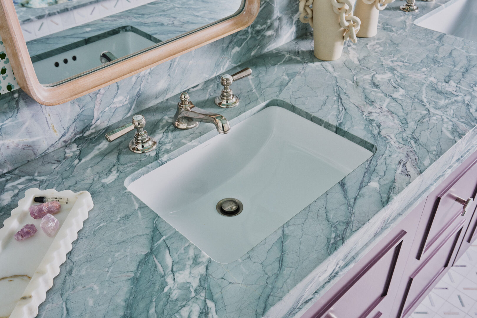 Designer: Ansley Majit | Photographer: Arthur Alvarez | Materials: Verde Antigua Honed Marble, Michelle Gerson Stix Multi Honed Stone Mosaic Slab