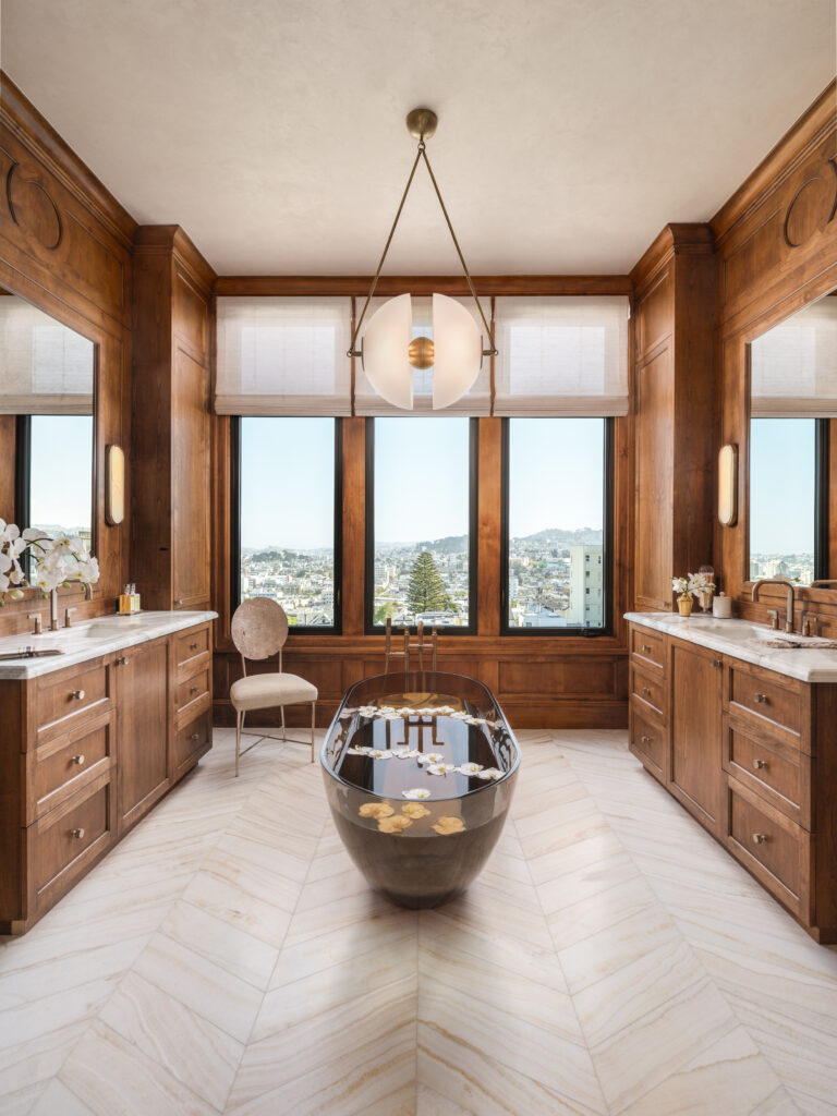 Designer: Lauren Berry | Photographer: Christopher Stark | Materials: Calacatta Borghini Honed Marble, Vanilla Onyx Vein Cut Honed Chevron