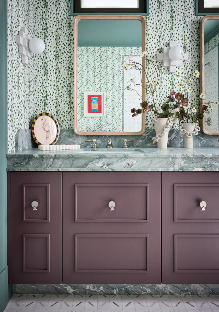 Designer: Ansley Majit | Photographer: John Merkl | Materials: Verde Antigua Honed Marble, Michelle Gerson Stix Multi Honed Stone Mosaic Slab