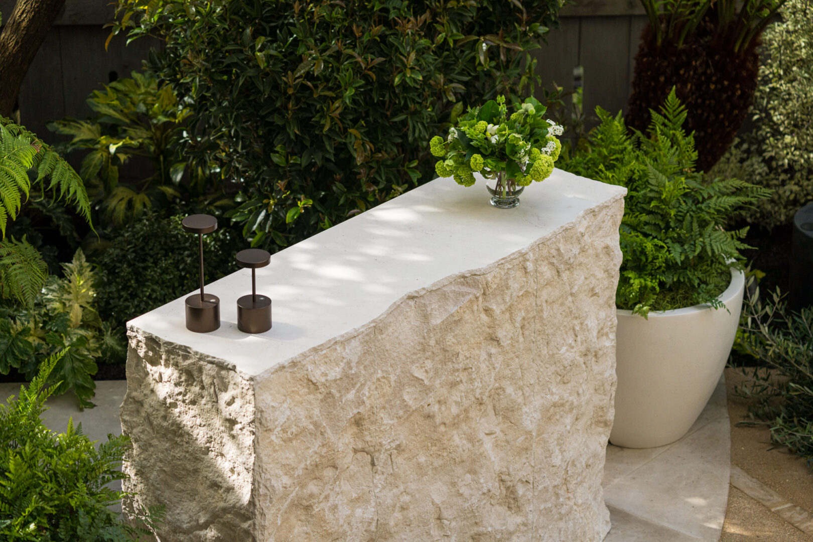 Designer: Katharine Webster | Photographer: Adam Potts | Materials: Creme du Provence Flamed & Brushed Limestone, Porto Beige Rock Face Limestone Skin, Porto Beige Honed Limestone Slab