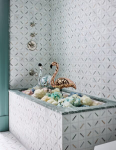 Designer: Ansley Majit | Photographer: John Merkl | Materials: Verde Antigua Honed Marble, Michelle Gerson Stix Multi Honed Stone Mosaic