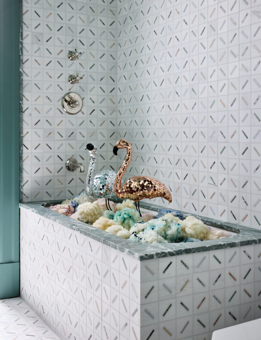 Designer: Ansley Majit | Photographer: John Merkl | Materials: Verde Antigua Honed Marble, Michelle Gerson Stix Multi Honed Stone Mosaic Slab
