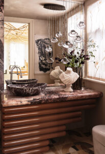 Designer: Sabah Mansoor Design | Photographer: Brad Knipstein | Materials: Cherry Blossoms Polished Marble, Leroy Soleil Honed Marble, Alabastrino Leathered Marble