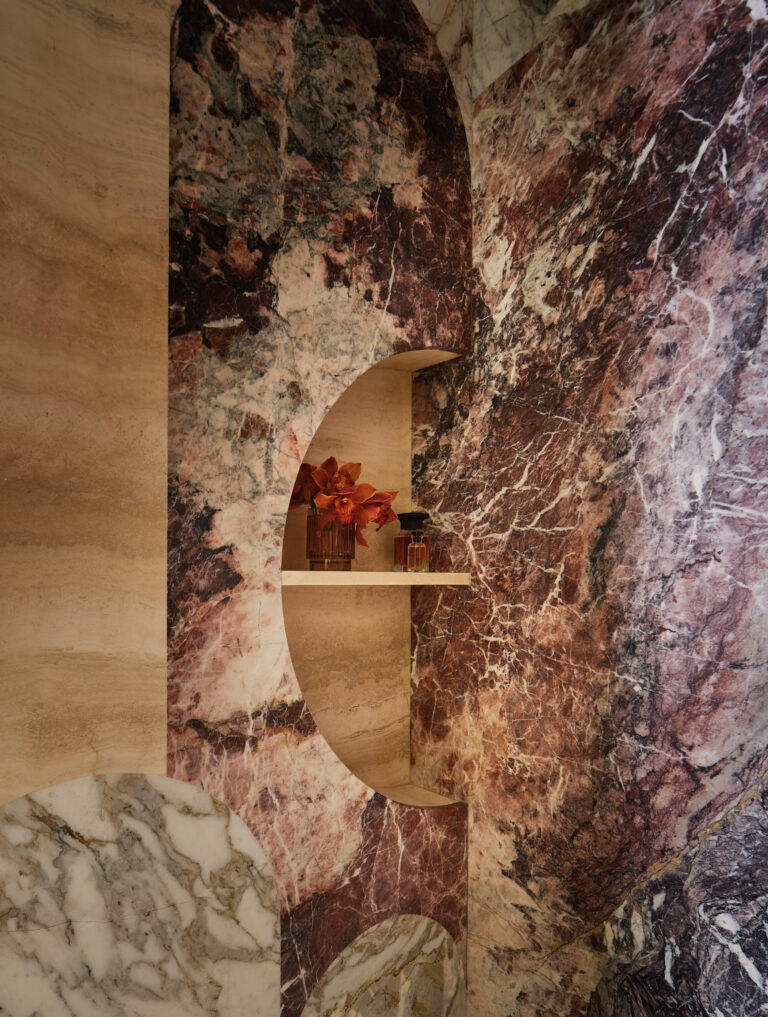 Designer: Sabah Mansoor Design | Photographer: Brad Knipstein | Materials: Cherry Blossoms Polished Marble, Leroy Soleil Honed Marble, Alabastrino Leathered Marble