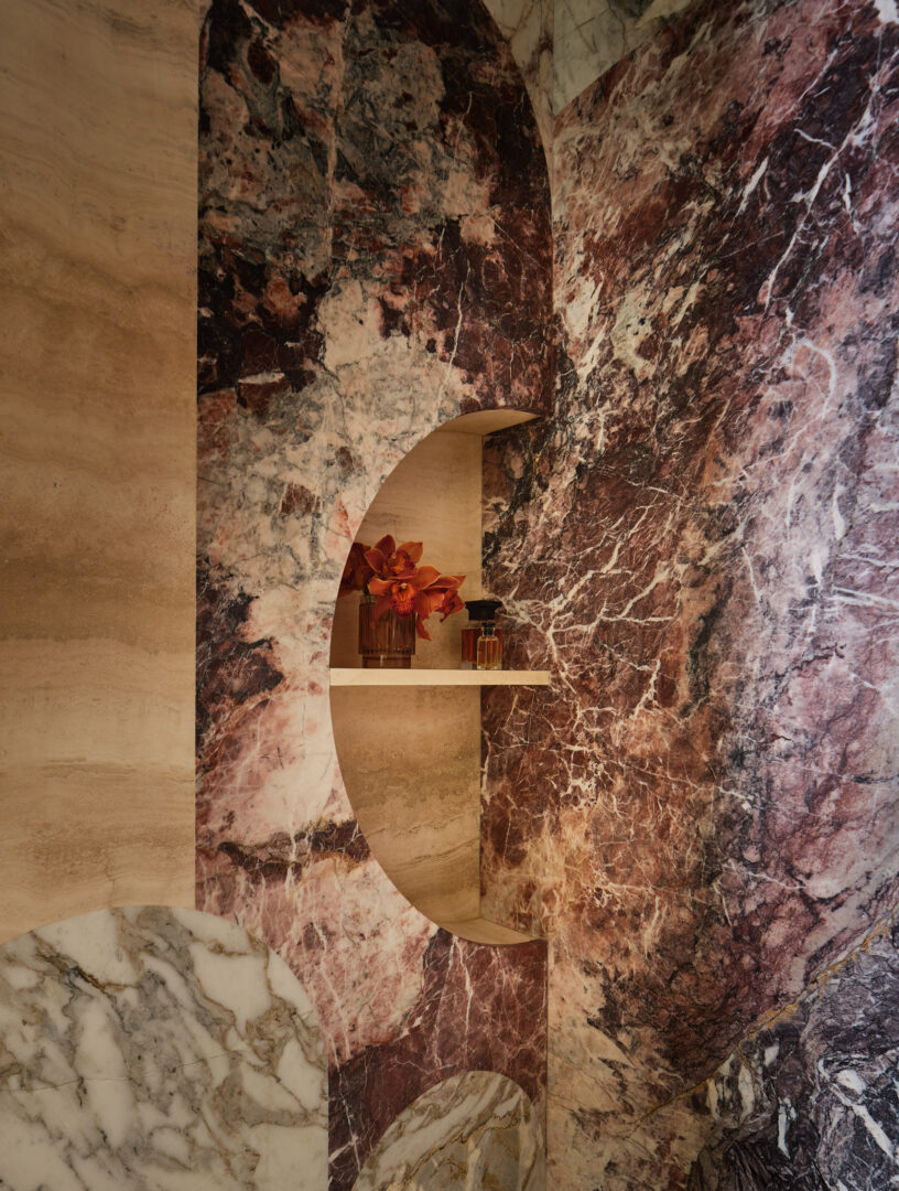 Designer: Sabah Mansoor | Photographer: Brad Knipstein | Materials: Cherry Blossoms Polished Marble, Leroy Soleil Honed Marble, Alabastrino Leathered Marble Slab