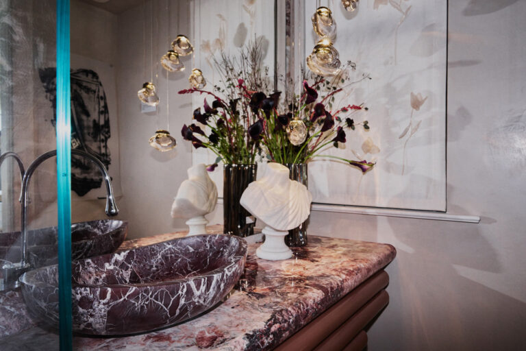 Designer: Sabah Mansoor | Photographer: Arthur Alvarez | Materials: Cherry Blossoms Polished Marble, Leroy Soleil Honed Marble, Alabastrino Leathered Marble
