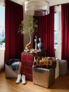 Designer: Castellanos Interiors | Photographer: Jose Manuel Alorda | Contractor: Castellanos Construction | Materials: Rosso Levanto Marble, Standard Glazed Brick Color Lingonberry by McIntyre Tile, Abby Road White Sand by Artistic Tile, Zellige Sumac Gloss by Artistic Tile