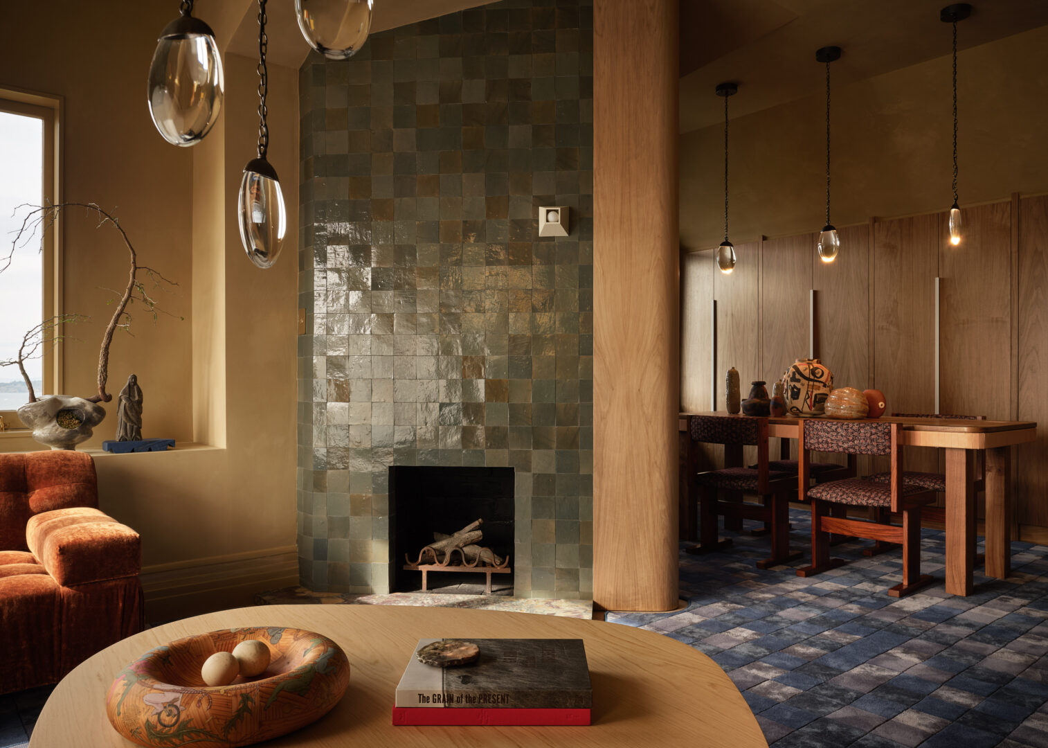 Designer: AubreyMaxwell Design & Perez Construction | Photographer: R. Brad Knipstein | Materials: Breccia De Vendome Marble (countertop); Juniper Zellige Tile (fireplace) Slab