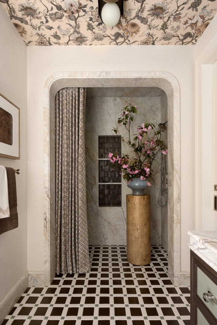 Designer: Sonoma Interiors | Photographer: Tim D. Coy Photography | Contractor: Dotto Company | Materials: Dolce Vita Marble (countertop & shower walls); Essential Collection in Colors: Whidbey, Maize Brown, & White Celadon by McIntyre Tile (floor) Slab