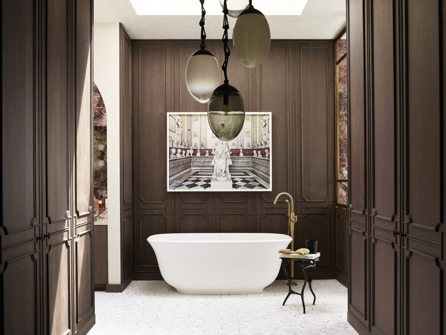 Designer: Lizette Marie Interior Design | Photographer: Jose Manuel Alorda | Contractor: Cook Construction | Materials: Cherry Blossoms Marble, Octavia Bianco Dolomite w/ Calacatta Zebrino Mosaic by Dulcet Tile Slab