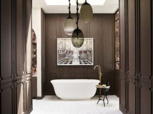 Designer: Lizette Marie Interior Design | Photographer: Jose Manuel Alorda | Contractor: Cook Construction | Materials: Cherry Blossoms Marble, Octavia Bianco Dolomite w/ Calacatta Zebrino Mosaic by Dulcet Tile