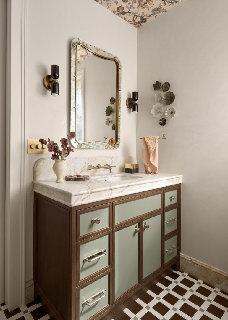 Designer: Sonoma Interiors | Photographer: Tim D. Coy Photography | Contractor: Dotto Company | Materials: Dolce Vita Marble (countertop & shower walls); Essential Collection in Colors: Whidbey, Maize Brown, & White Celadon by McIntyre Tile (floor) Slab