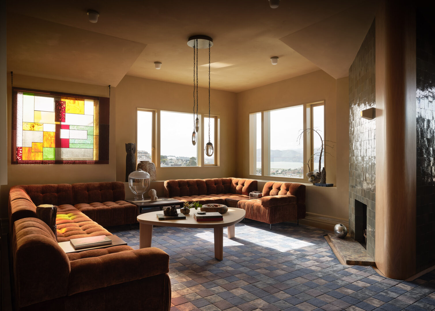 Designer: AubreyMaxwell Design & Perez Construction | Photographer: R. Brad Knipstein | Material: Juniper Zellige Tile (fireplace) Slab